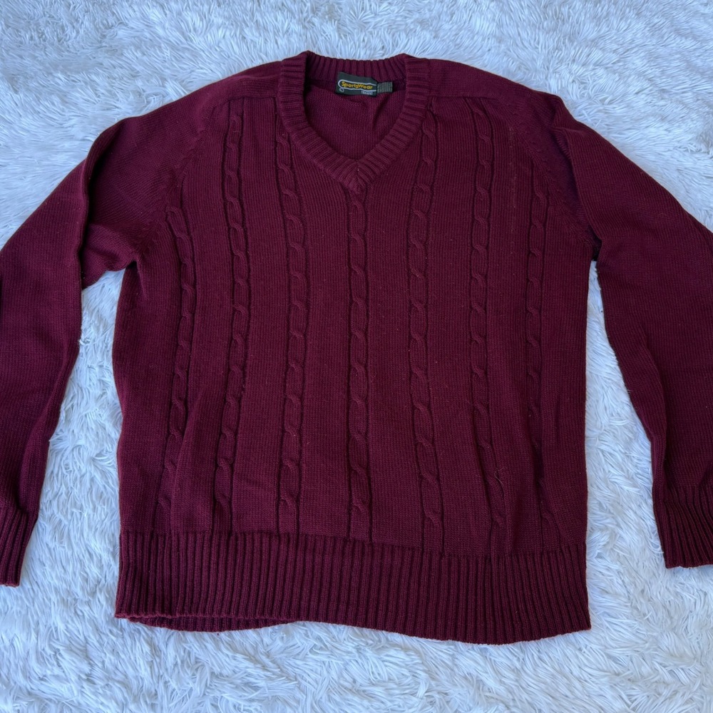Vintage Mens Large Burgundy Cable Knit V-Neck Sweater Maroon Sears